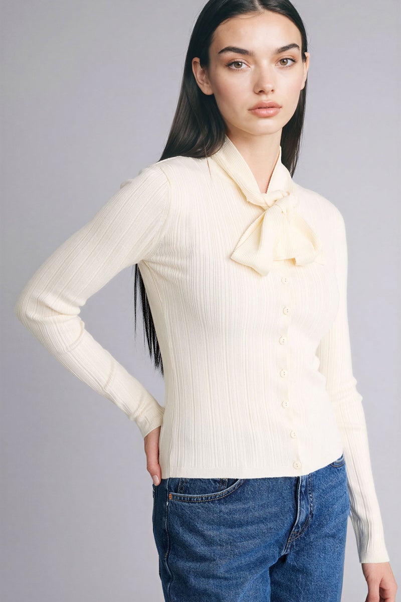 DeFacto Beige Woman Slim Fit Bowtie Knitwear Pullover Casual - Image 5